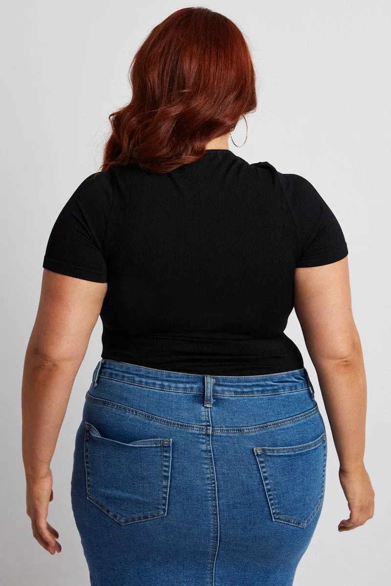Trendy Fashion Black Bodysuit Cut Out Short Sleeve Crew Neck Seamless