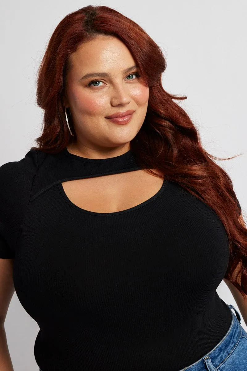 Smooth Yarn Black Bodysuit Cut Out Short Sleeve Crew Neck Seamless