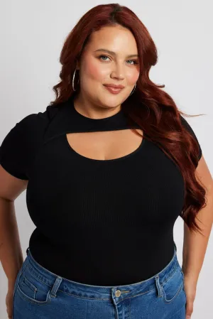 Everyday Outfit Neo Mode Black Bodysuit Cut Out Short Sleeve Crew Neck Seamless