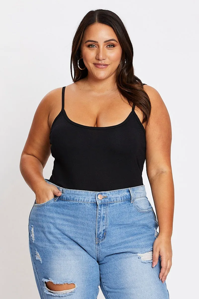 Black Sleeveless Black Strappy Bodysuit DoubleStitched Seams