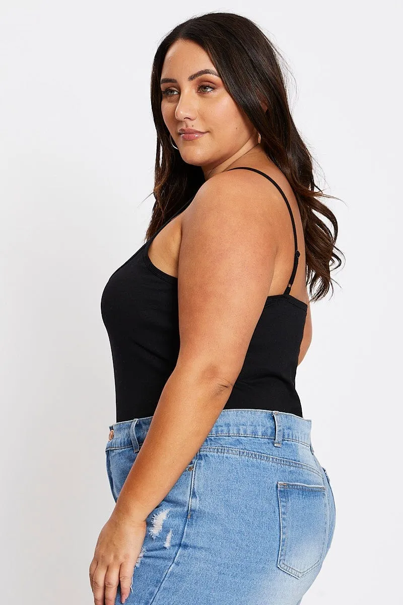 Black Sleeveless Black Strappy Bodysuit Comfortable fit Magnetic Closure