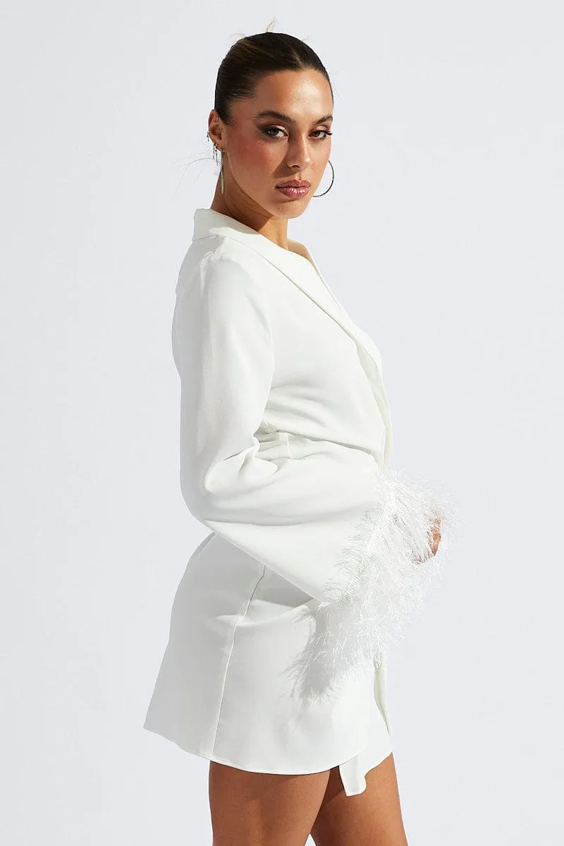 Cozy Sweater White Wrap Dress Long Sleeve Faux Feather Cuffs