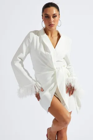 White Wrap Dress Long Sleeve Faux Feather Cuffs Pure Core