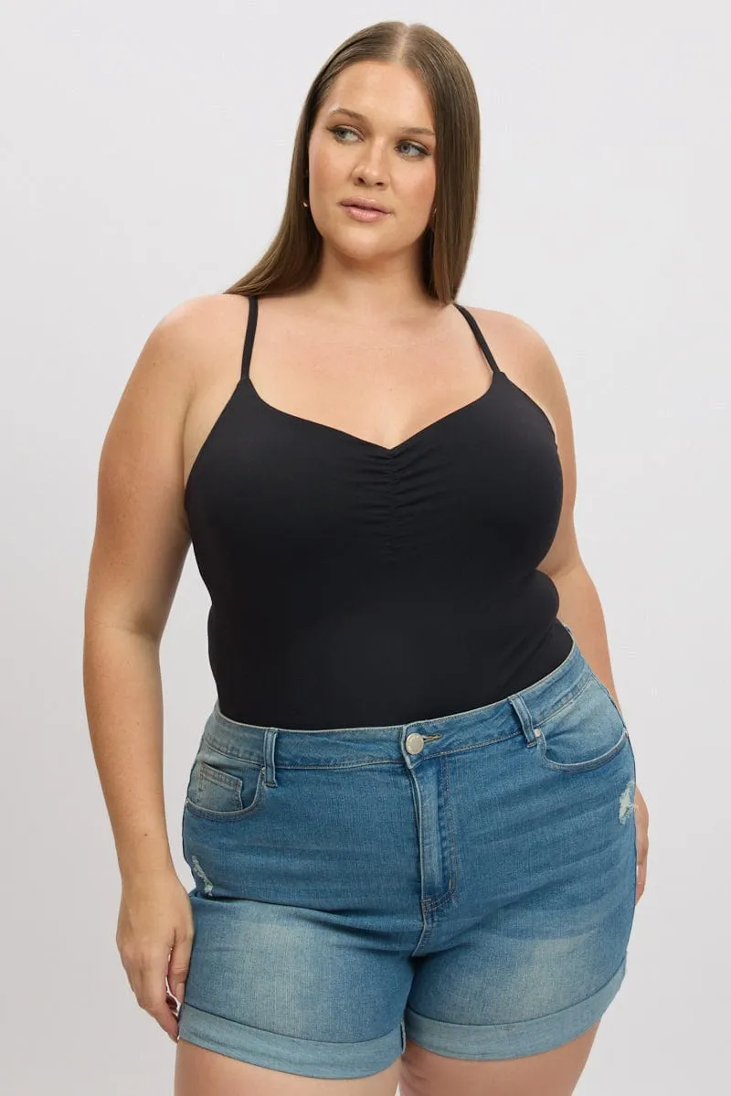 Sustainable Wear Rain Fit Black Bodysuit Singlet Front Ruched Supersoft