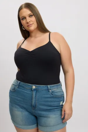 Black Bodysuit Singlet Front Ruched Supersoft Snow Core