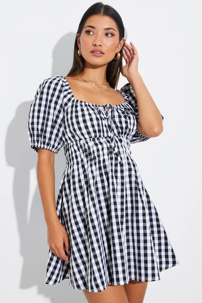 Mature Charm Black Check Fit and Flare Dress Short Sleeve Ruched