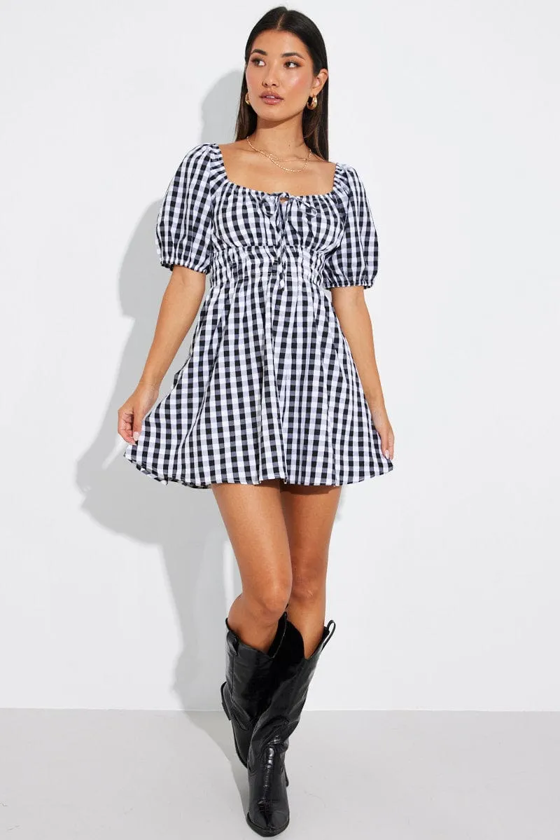 Black Check Fit and Flare Dress Short Sleeve Ruched Elegant Pants ThermalRegulation