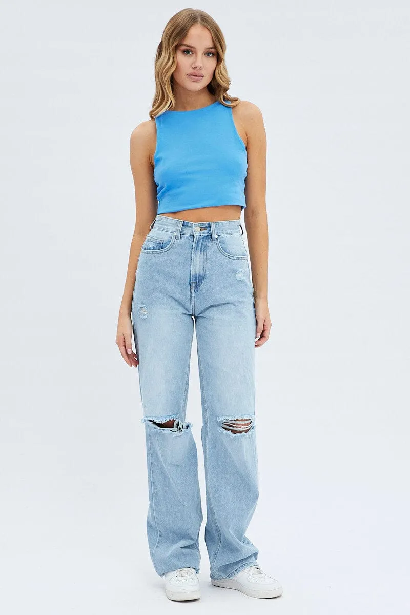 Cyber Glow StretchFit Blue Crop Tank Top Cotton