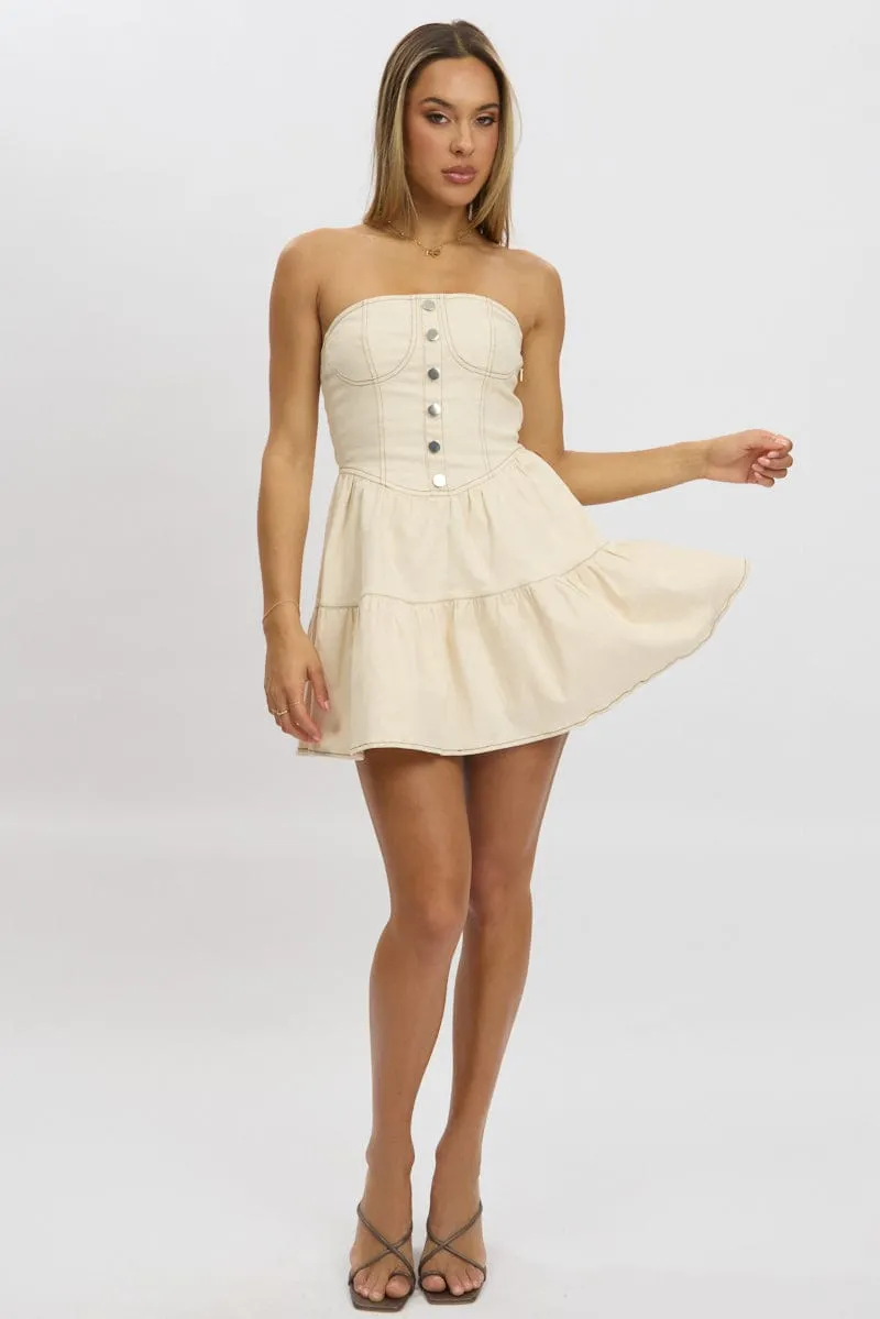 Diagonal Draping Effect Trendy weekend dress Beige Fit And Flare Dress Mini Strapless