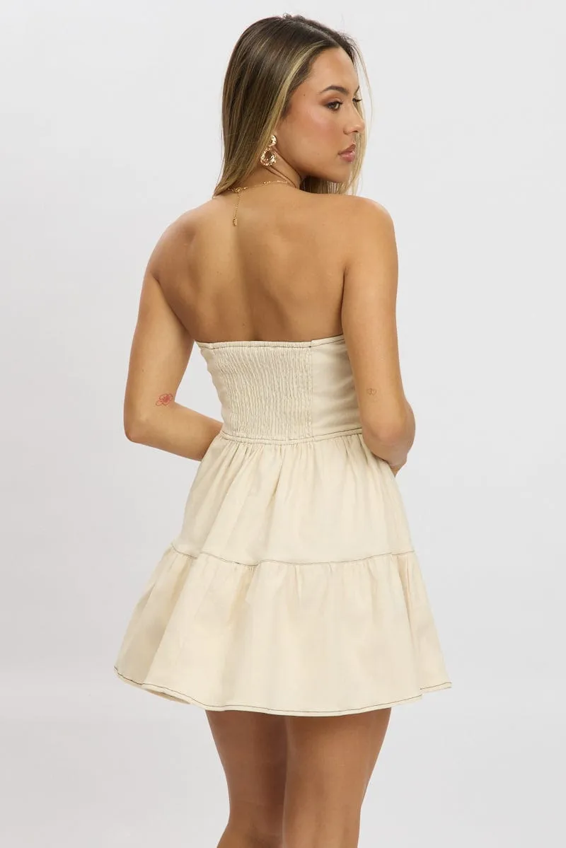 Easy Care Fabric Beige Fit And Flare Dress Mini Strapless
