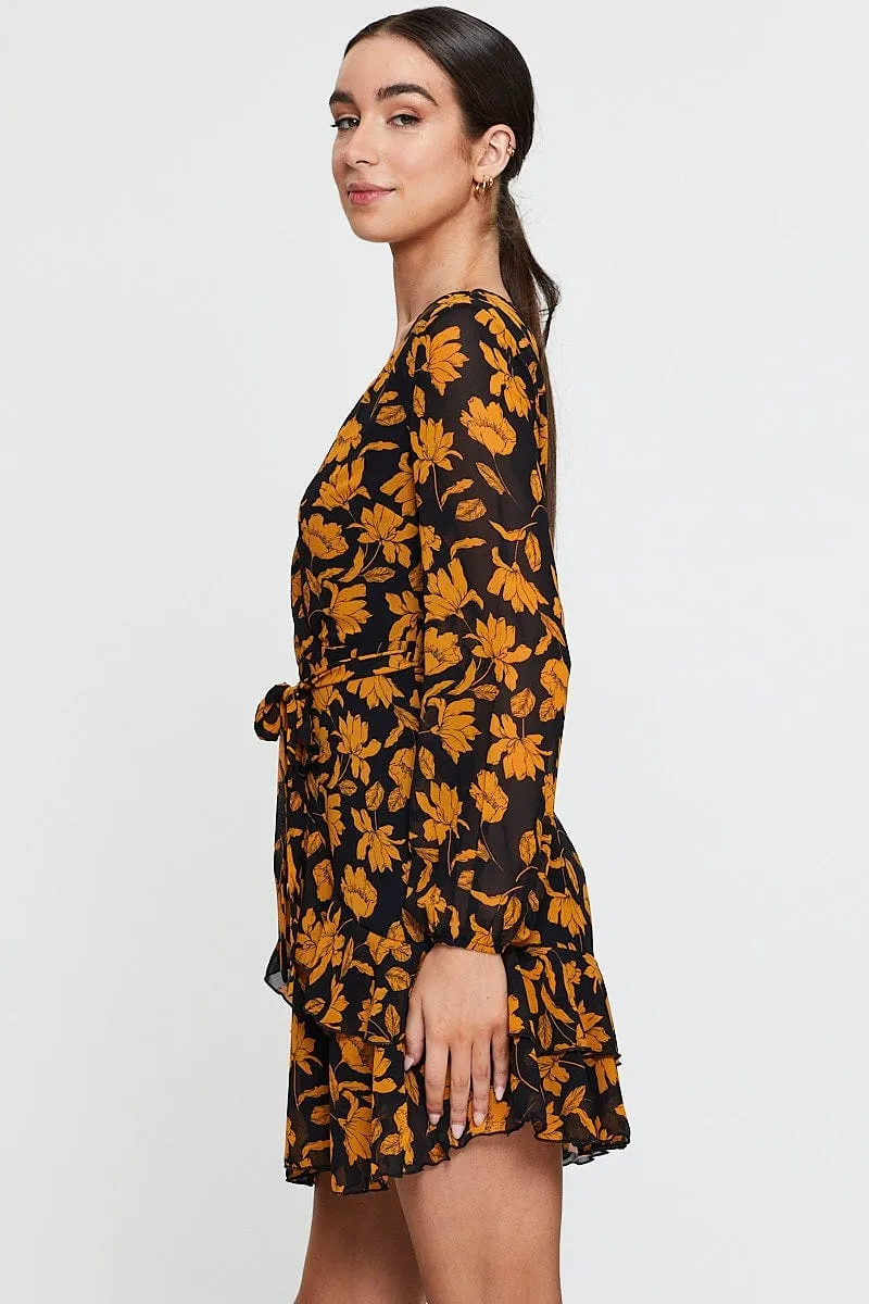 Print Mini Dress Long Sleeve Evening Star Look Sleek Fit
