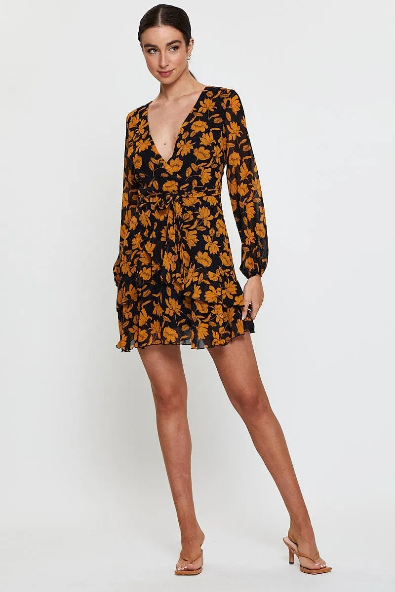 Print Mini Dress Long Sleeve Evening Scene Glow Bohemian Chic