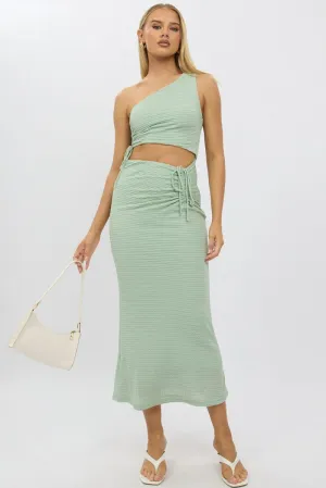 Green Bodycon Dress One Shoulder Maxi Low Care