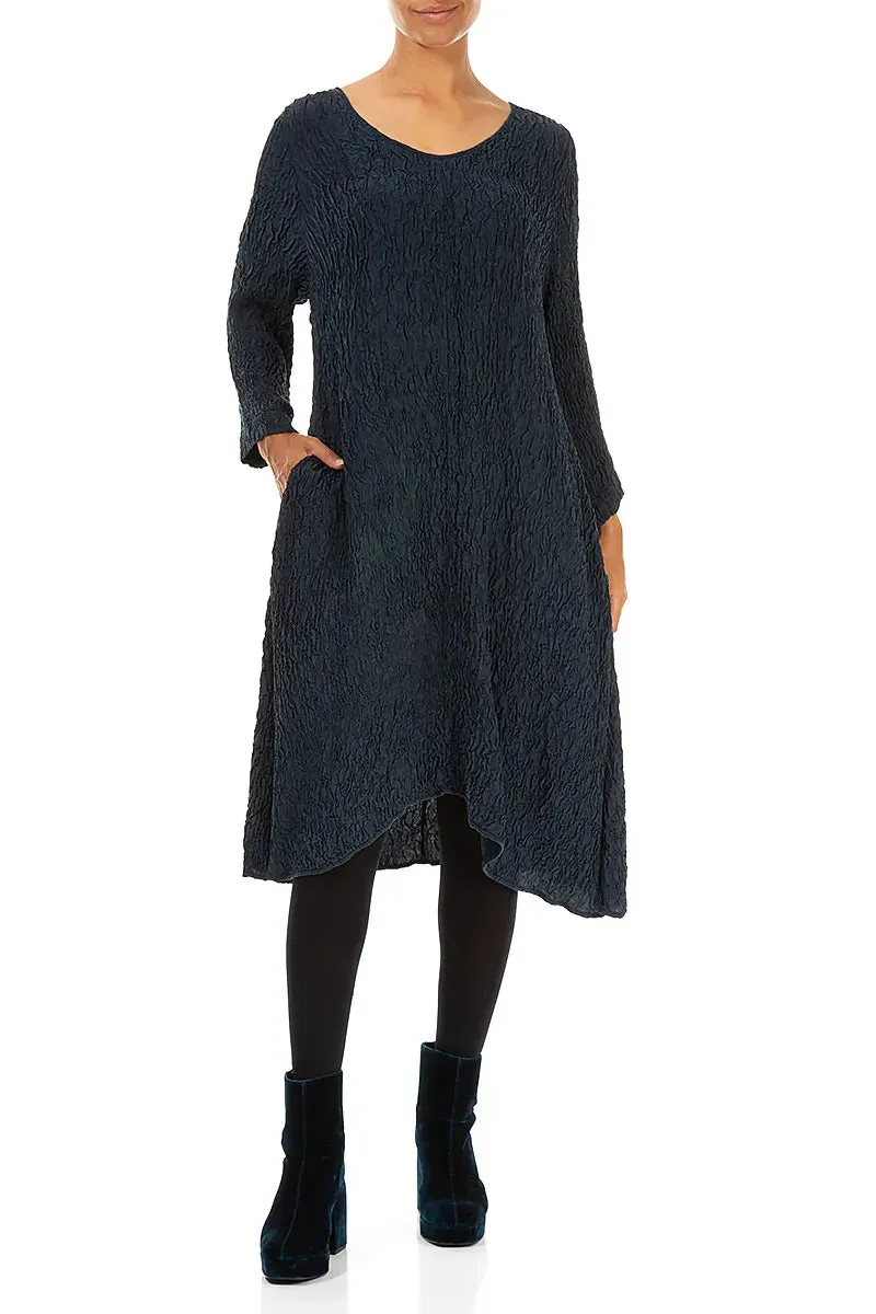 Winter Accessories Midi Crinkled Navy Silk Dress
