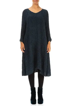 Glitter Glow LightweightTextile Midi Crinkled Navy Silk Dress