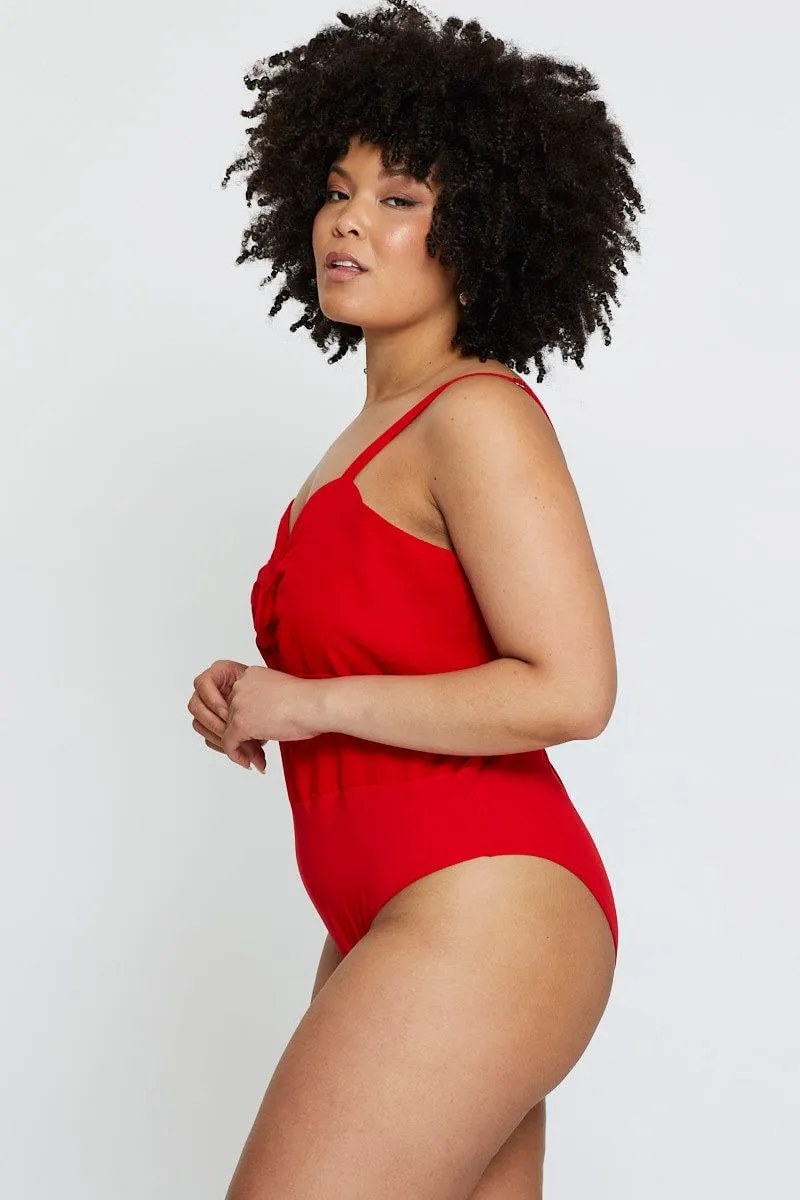 Red Tie Front Bodysuit Sleeveless OdorResistantClothing