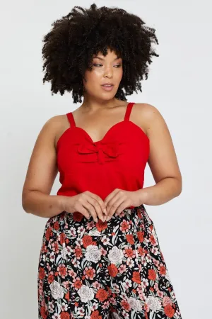 Red Tie Front Bodysuit Sleeveless Sharp Line