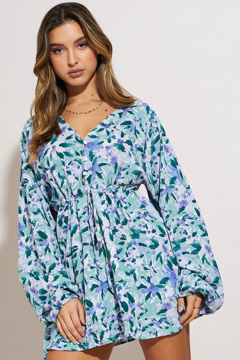 Print Mini Dress Long Sleeve Leg Show Feminine flattering short gown