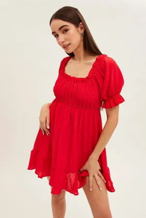 Red Gathered Bust Skater Dress Cozy Layer Wonder Fit