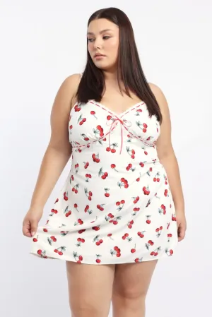 Photo Glam Comfortable Wear White Print Ribbon Trim Cherry Print Cami Slip Dress