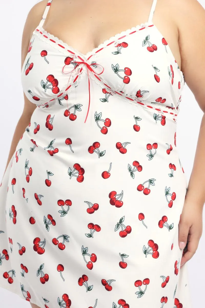 Breezy Comfort White Print Ribbon Trim Cherry Print Cami Slip Dress