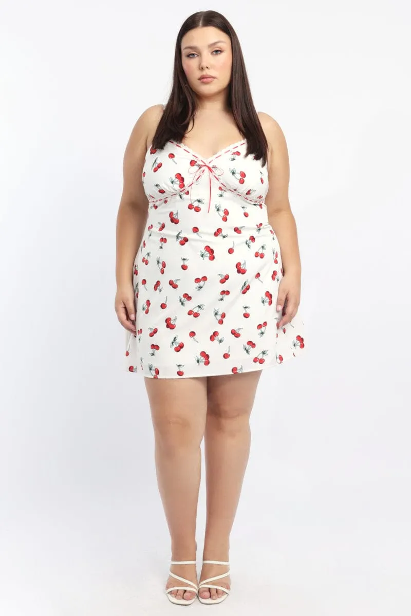 White Print Ribbon Trim Cherry Print Cami Slip Dress Lightweight Feel