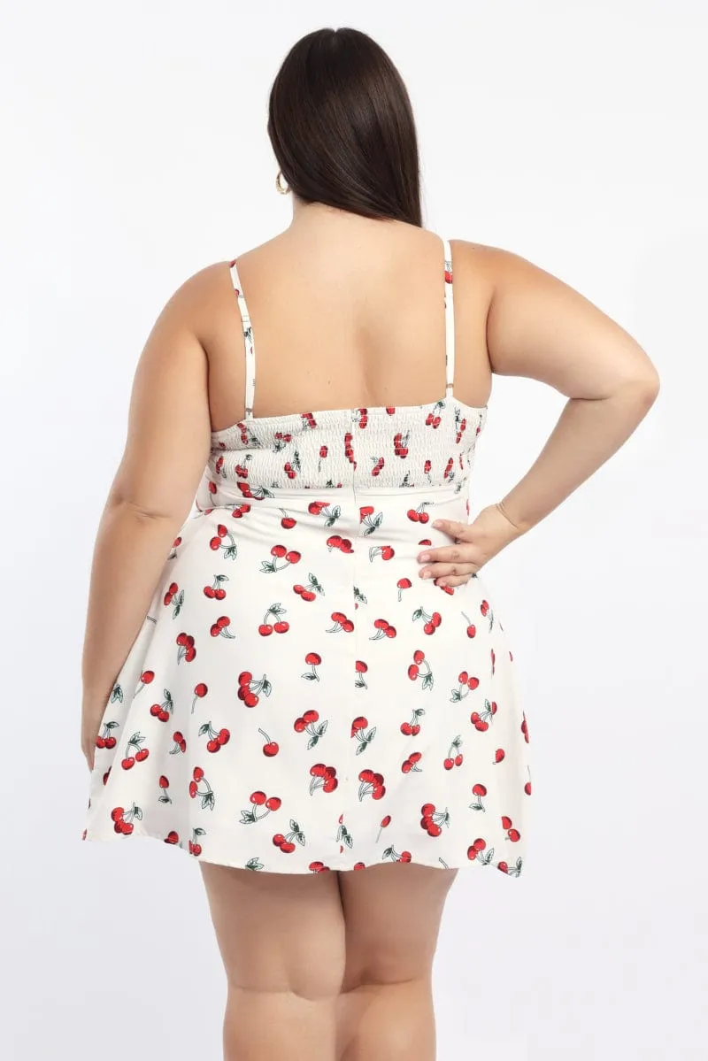 White Print Ribbon Trim Cherry Print Cami Slip Dress CompactKnit Romance Fit