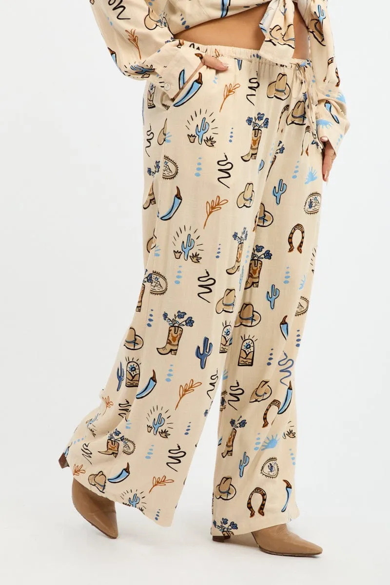 Beige Abstract Wide Leg Pants Transitional Style