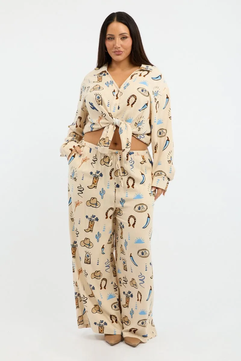 Perfect Movement Beige Abstract Wide Leg Pants