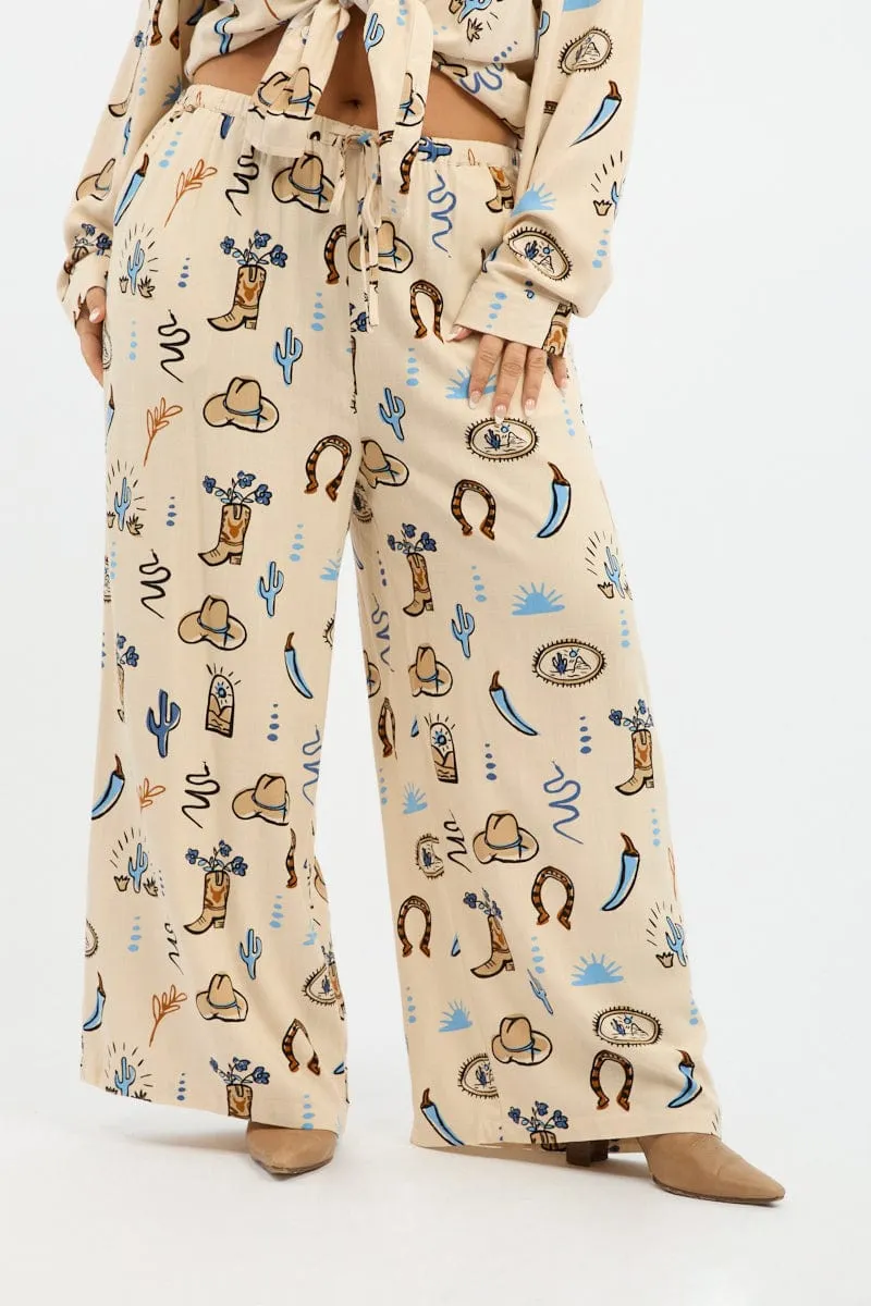 Beige Abstract Wide Leg Pants Non Restrictive Cut NonBindingWaistline