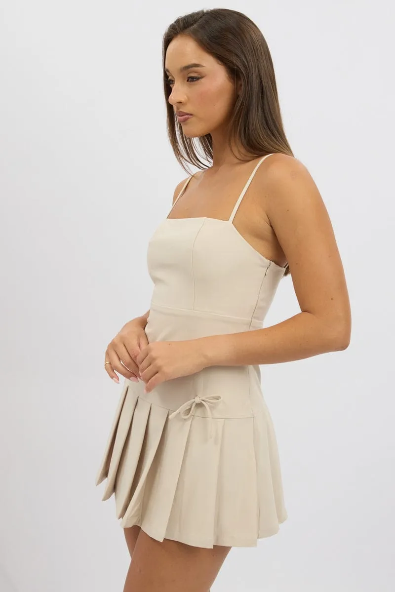 Beige Pleated Mini Dress Weekend Style Look Quick Dry Technology