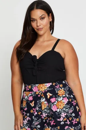 HighCollar Style Black Tie Front Bodysuit Sleeveless