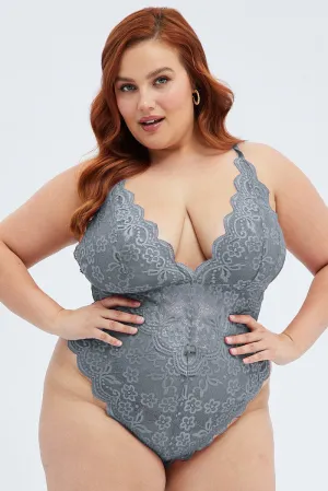 Grey Lace One Piece Bodysuit Lingerie Tough Core
