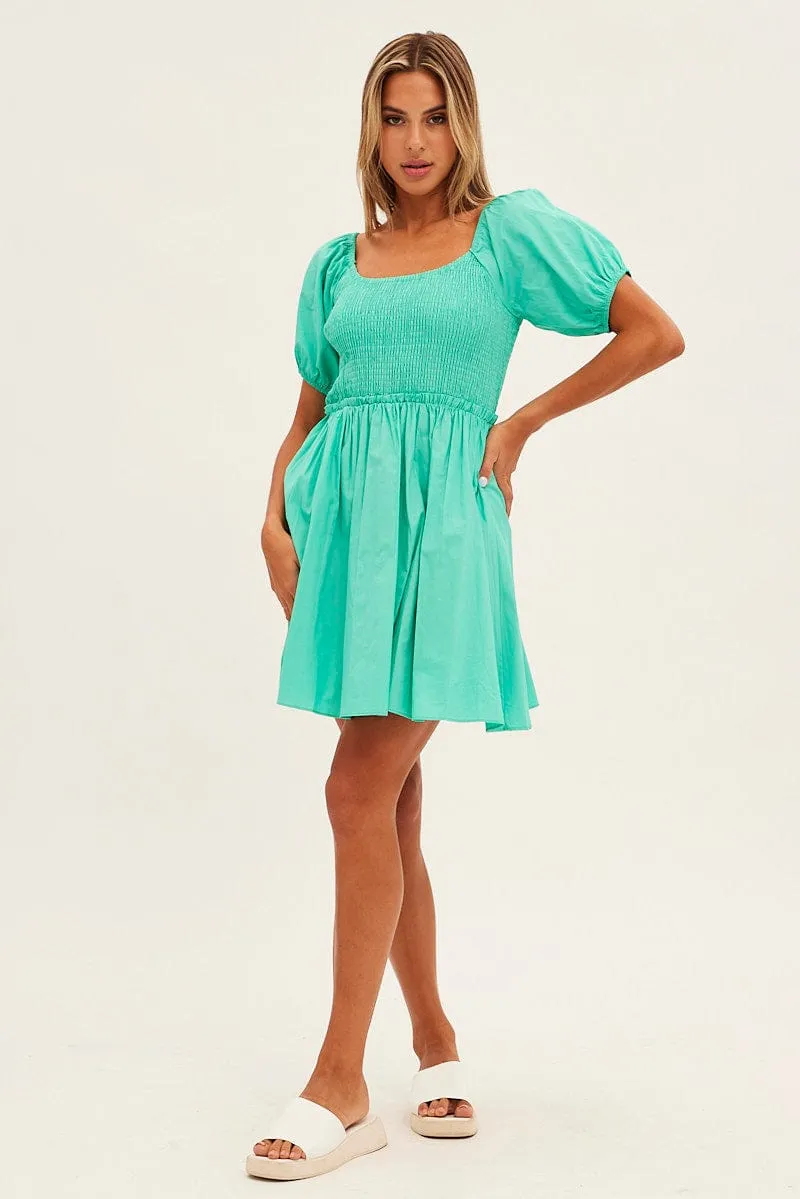 TearResistant Fabric White Fit And Flare Dress Puff Sleeve Mini Poplin