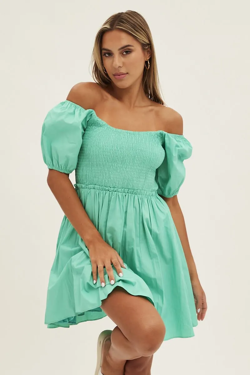Sporty Shorts White Fit And Flare Dress Puff Sleeve Mini Poplin
