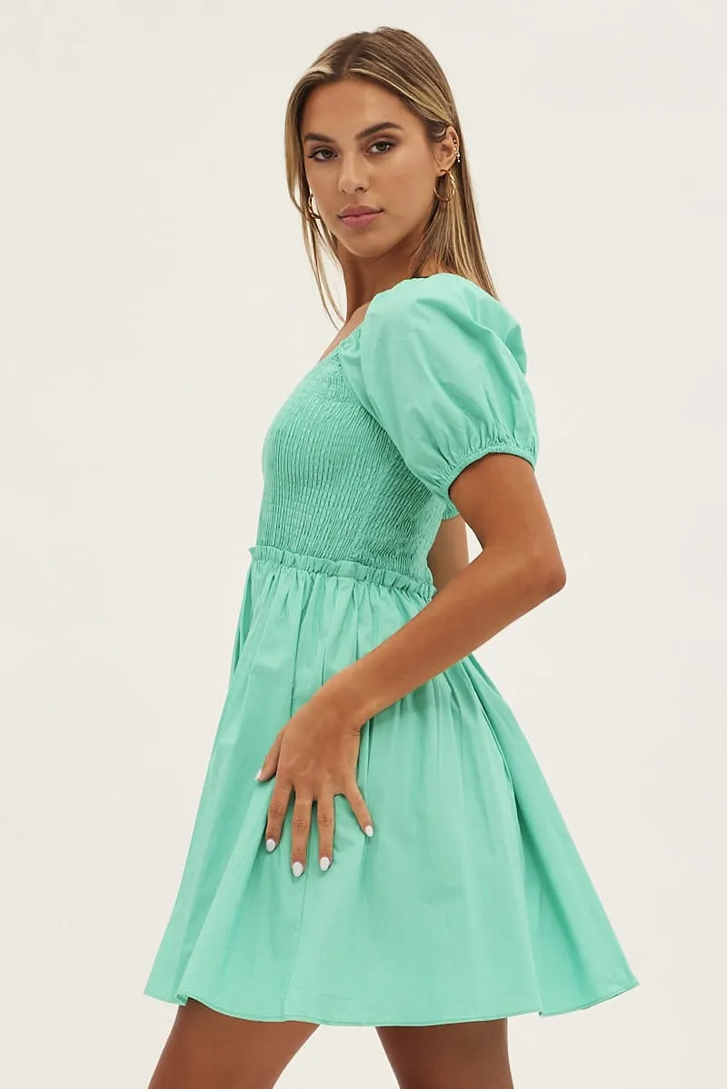 OdorResistantClothing Elite Core White Fit And Flare Dress Puff Sleeve Mini Poplin