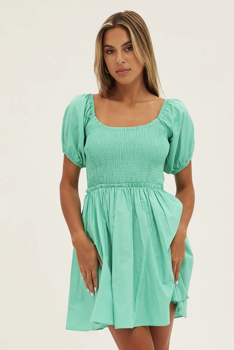 ElasticBinding Flexible Apparel White Fit And Flare Dress Puff Sleeve Mini Poplin