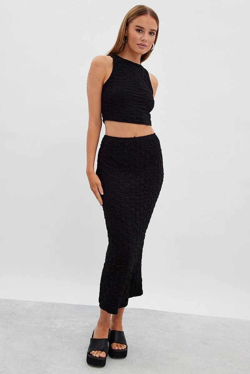 Black Tank Top Sleeveless Crew Neck Textured Jersey Winter Style