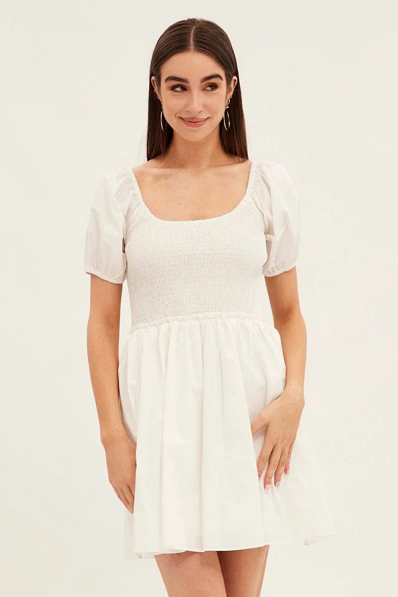 White Fit And Flare Dress Puff Sleeve Mini Poplin Lightweight Construction