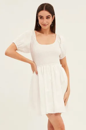 City Soul White Fit And Flare Dress Puff Sleeve Mini Poplin