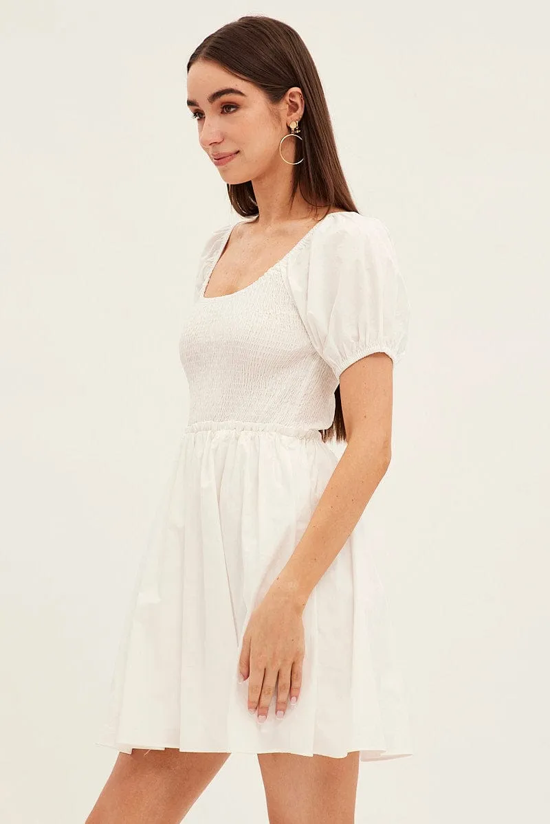 White Fit And Flare Dress Puff Sleeve Mini Poplin Cozy Pullover Street Sport
