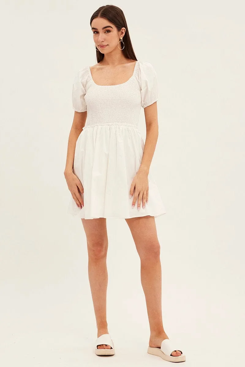 Clear Mind White Fit And Flare Dress Puff Sleeve Mini Poplin