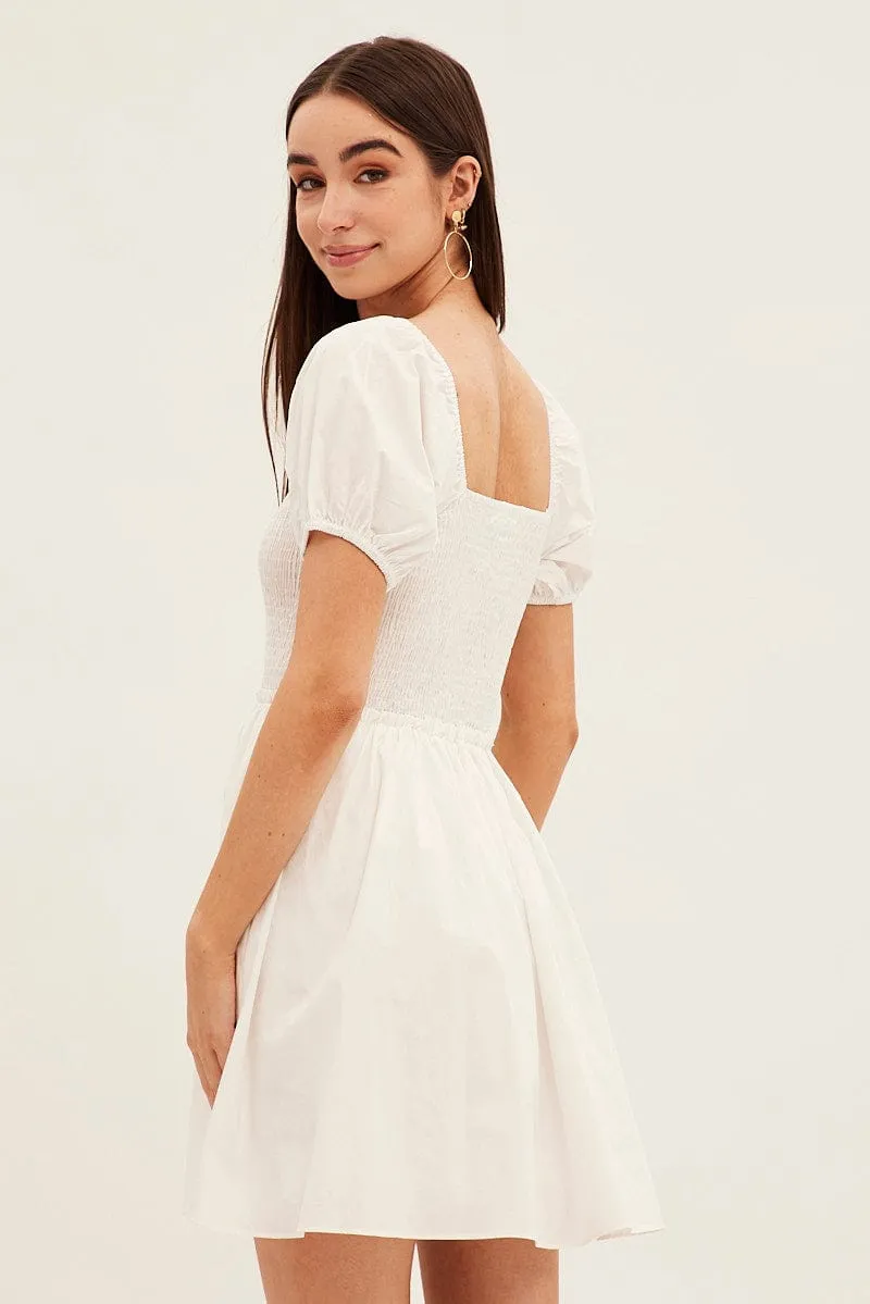 Activewear Timeless Look White Fit And Flare Dress Puff Sleeve Mini Poplin