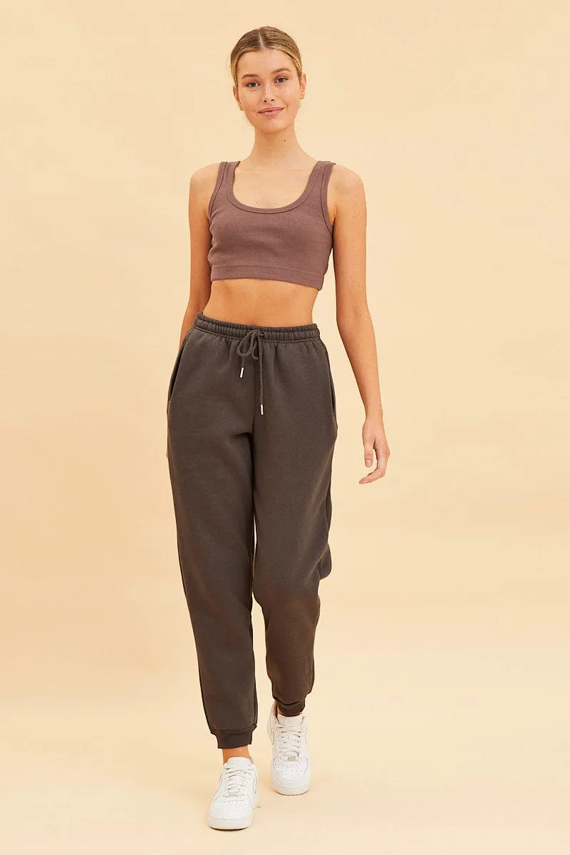 Cool Glow Brown Crop Top Cotton Blend Rib Tank Elasticated Hem