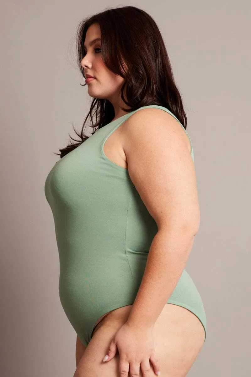 Breathable Style Green Bodysuit Sleeveless Crew Neck Supersoft