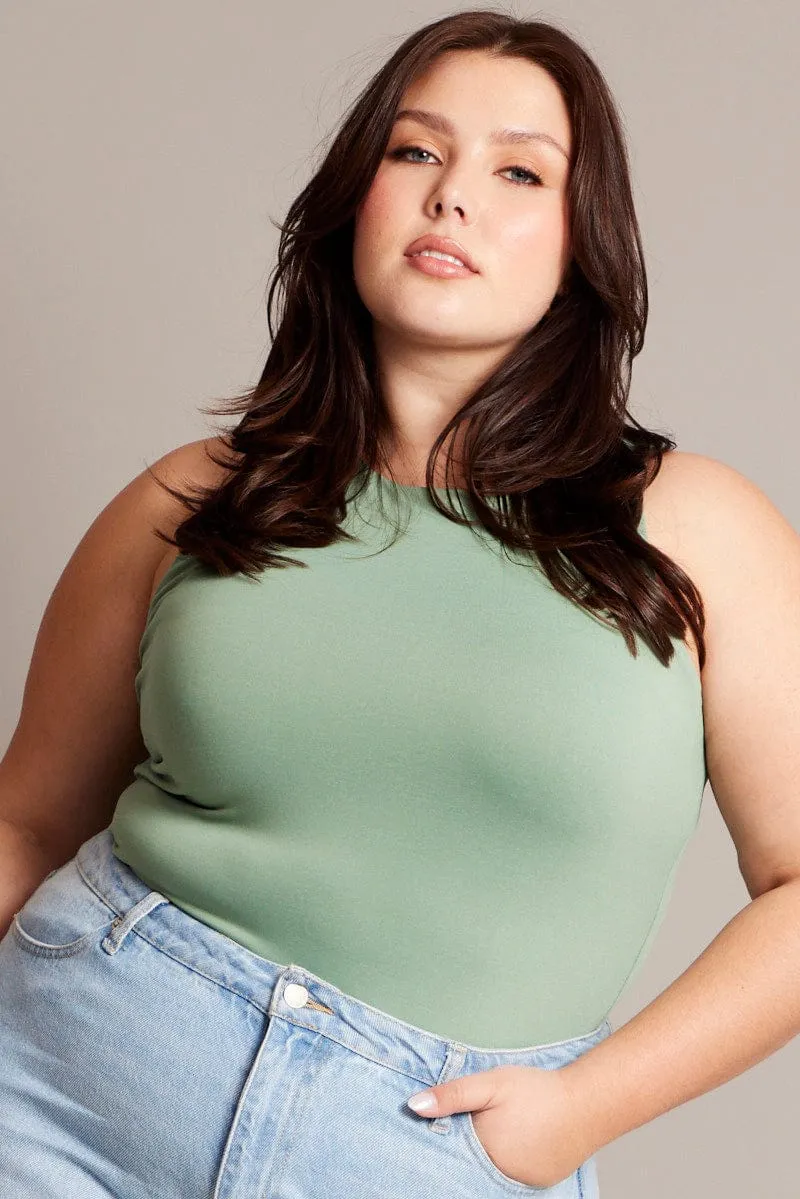Green Bodysuit Sleeveless Crew Neck Supersoft RipstopFabric