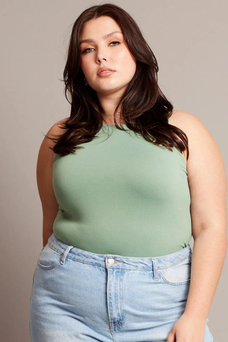 Green Bodysuit Sleeveless Crew Neck Supersoft NoSlipWaistband Casual Look