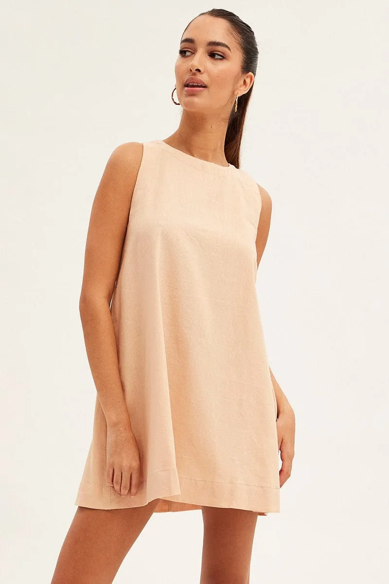 Beige Swing Dress Sleeveless Casual Look Zoom Proper