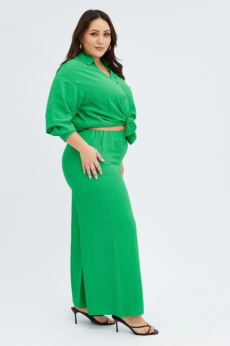 Flared bottom premium fabric Green Wideleg Pants Crinkle Texture