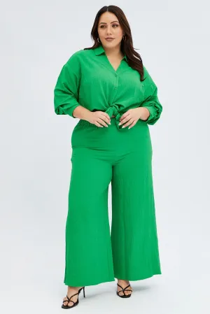 Green Wideleg Pants Crinkle Texture Timeless Design Work Comfort